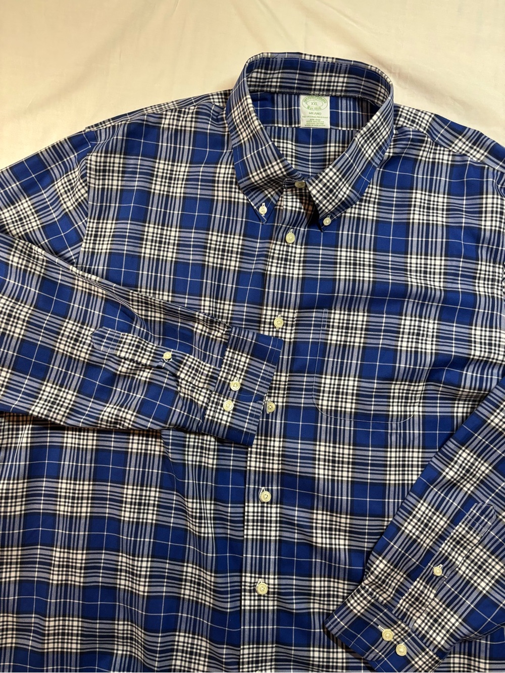 Brooks Brothers Milano Men's XXL Blue White Plaid Button Down Supima Cotton